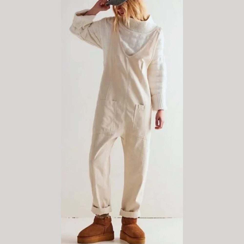 Free People We The Free High Roller Denim Overalls Cream Canvas Jumpsuit L